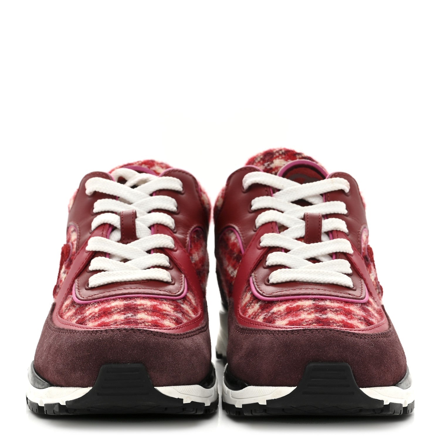 Chanel Wool Tweed Suede Calfskin Womens CC Sneakers 36 Red White Dark Brown Burgundy