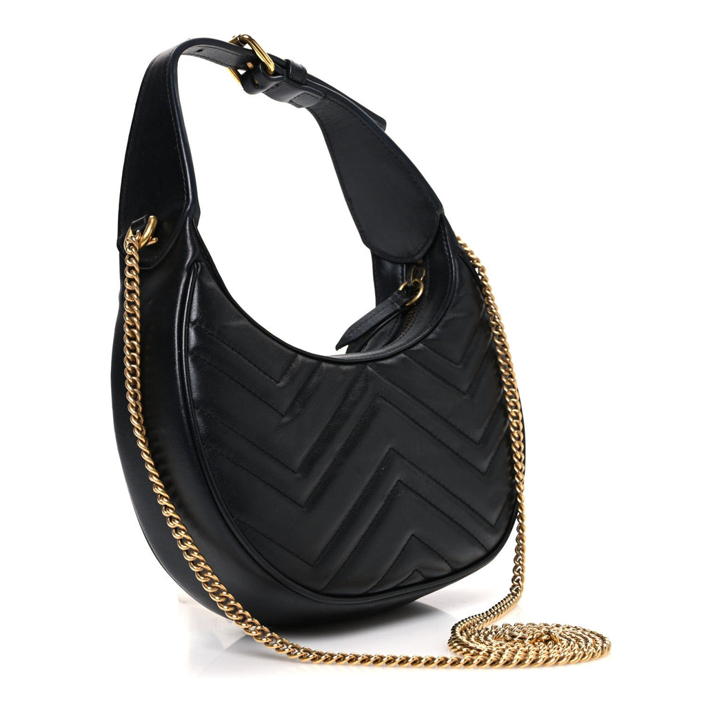 Gucci Calfskin Matelasse Chevron Mini GG Marmont Half Moon Hobo Black
