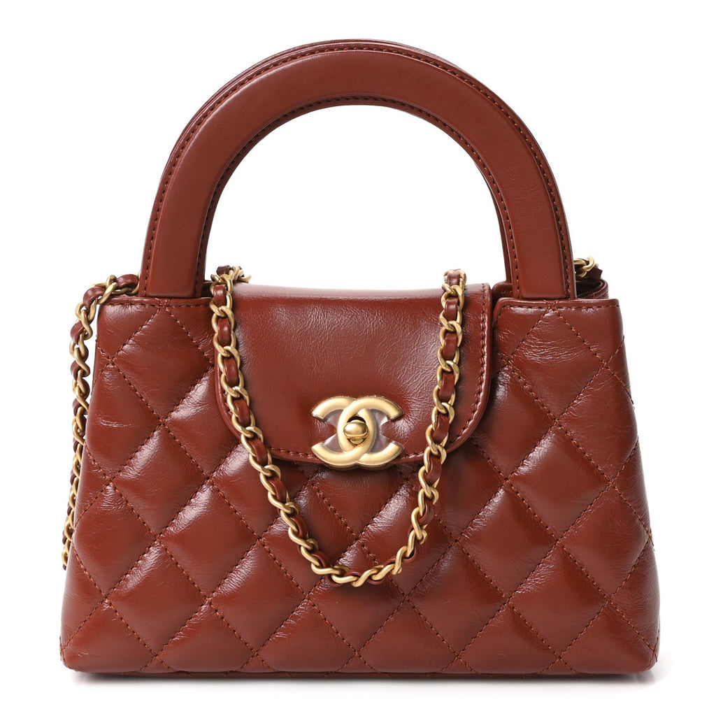 Chanel Shiny Aged Calfskin Quilted Nano Kelly Shopper Brown