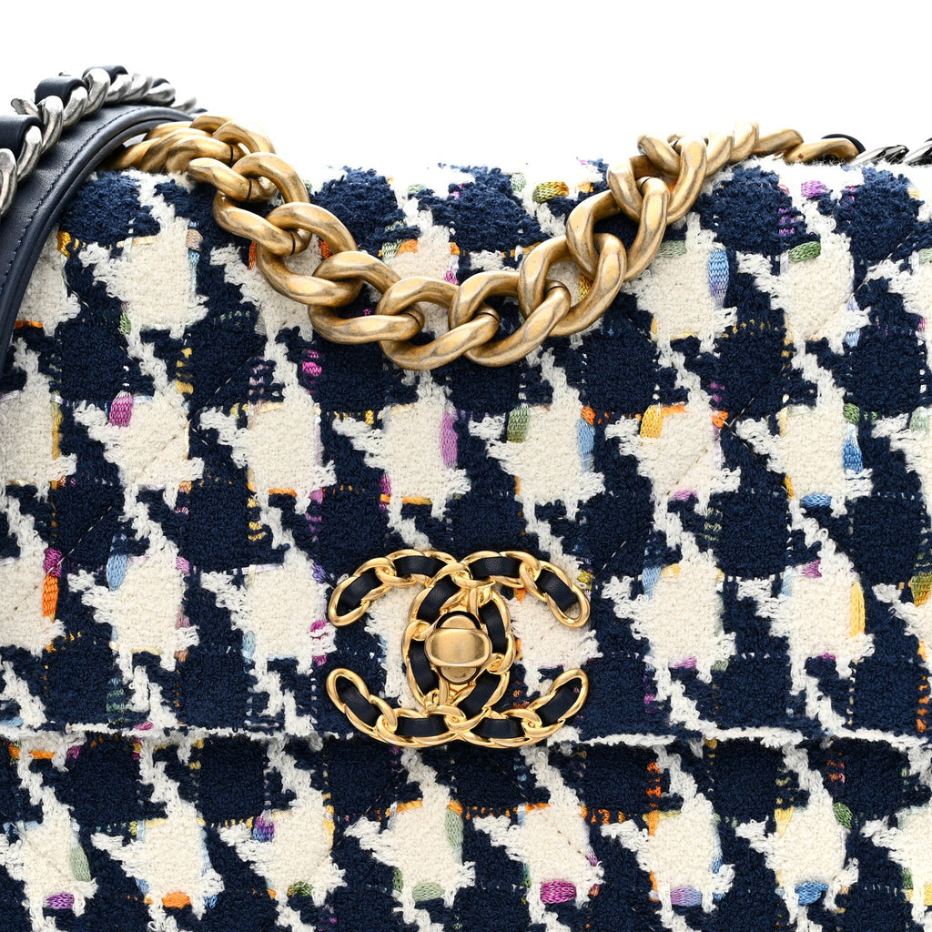 Chanel Tweed Quilted Medium Chanel 19 Flap Ecru Navy Blue Multicolor