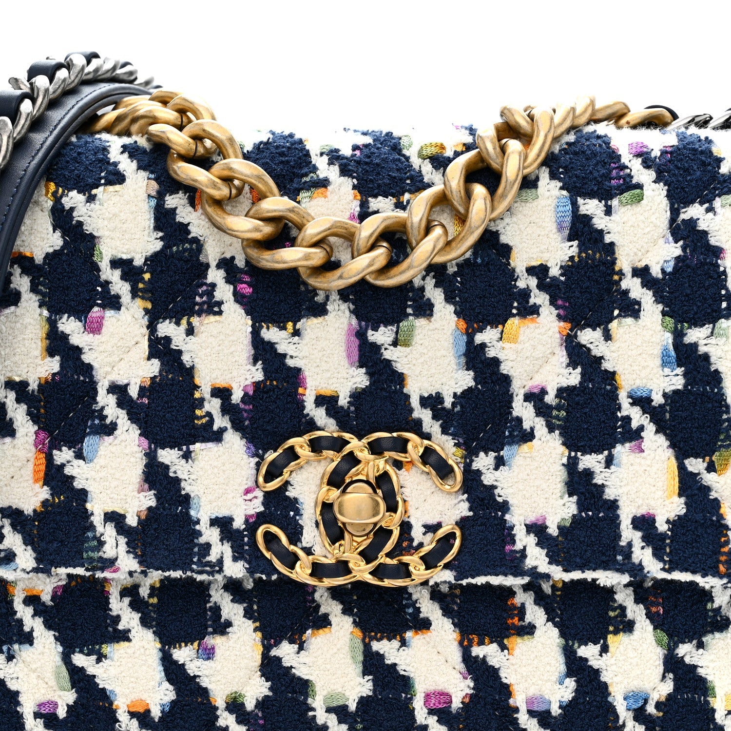 Chanel Tweed Quilted Medium Chanel 19 Flap Ecru Navy Blue Multicolor