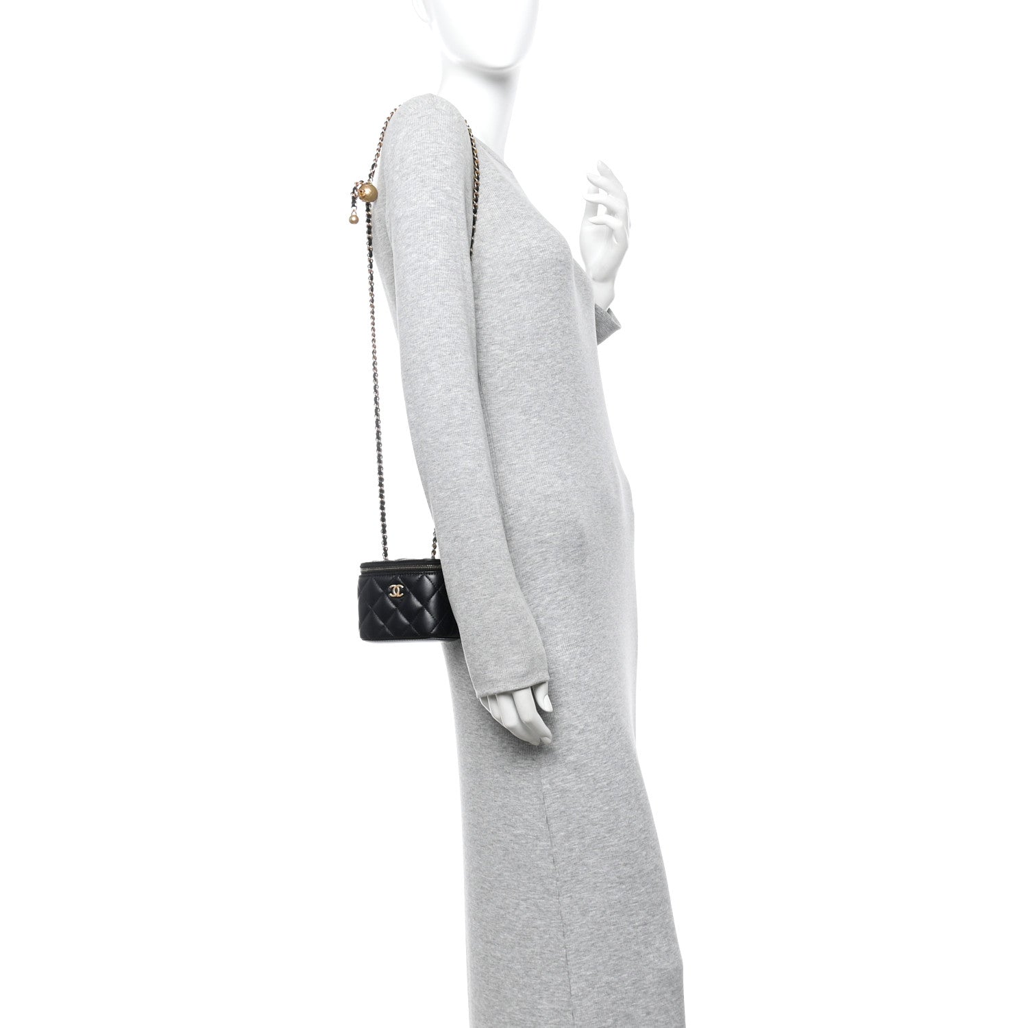 Chanel Lambskin Quilted Mini Pearl Crush Vanity Case With Chain Black
