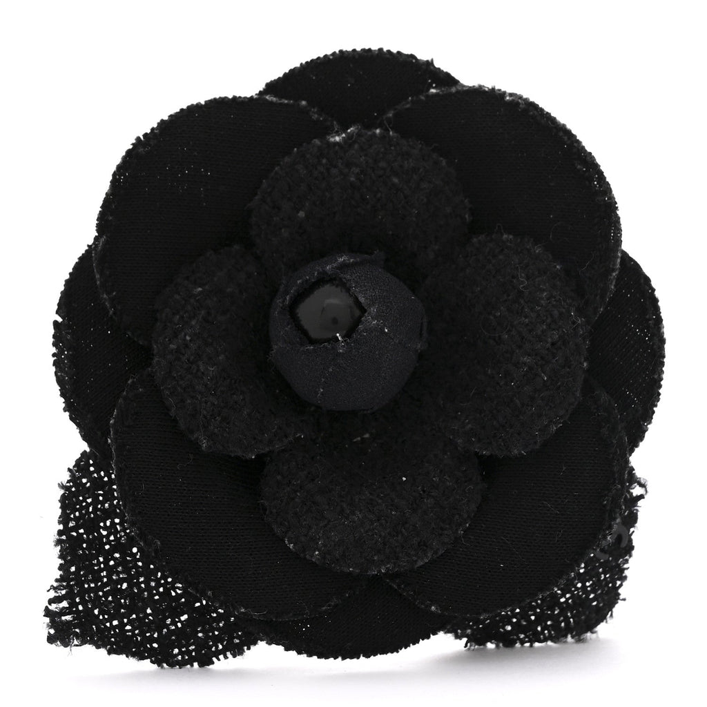 Chanel Tweed Camellia Pin Brooch Black