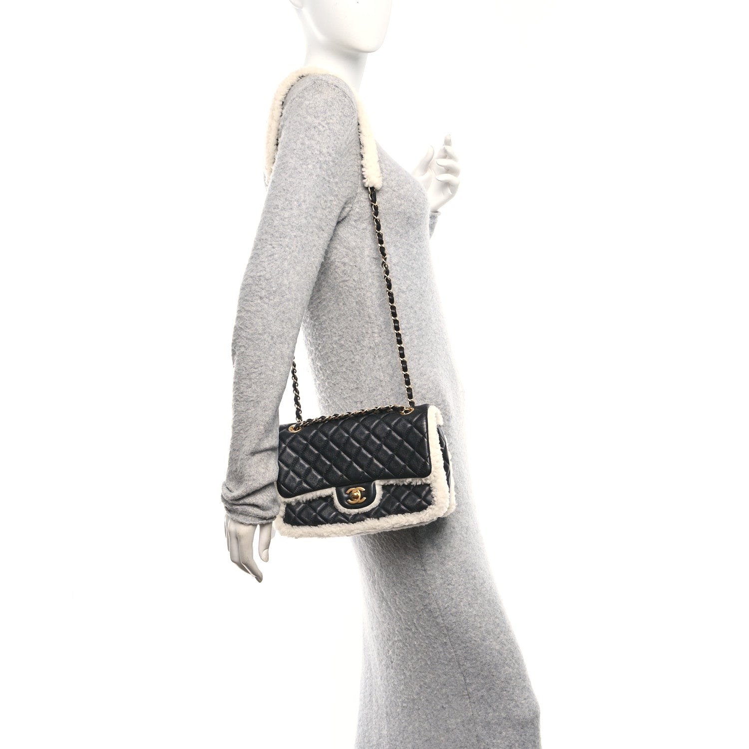 Chanel Lambskin Shearling Large CC Flap Bag Black White