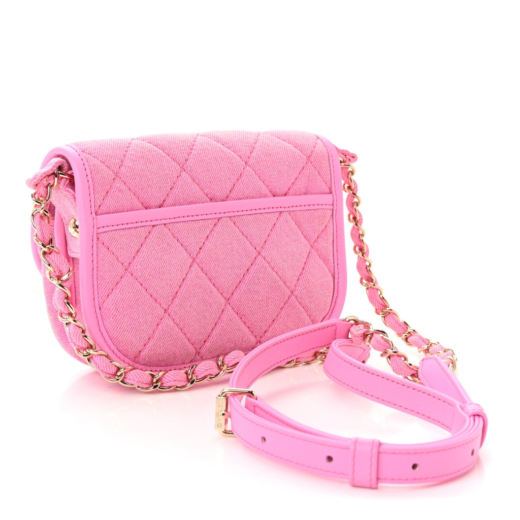 Chanel Denim Quilted Mini Messenger Flap Neon Pink