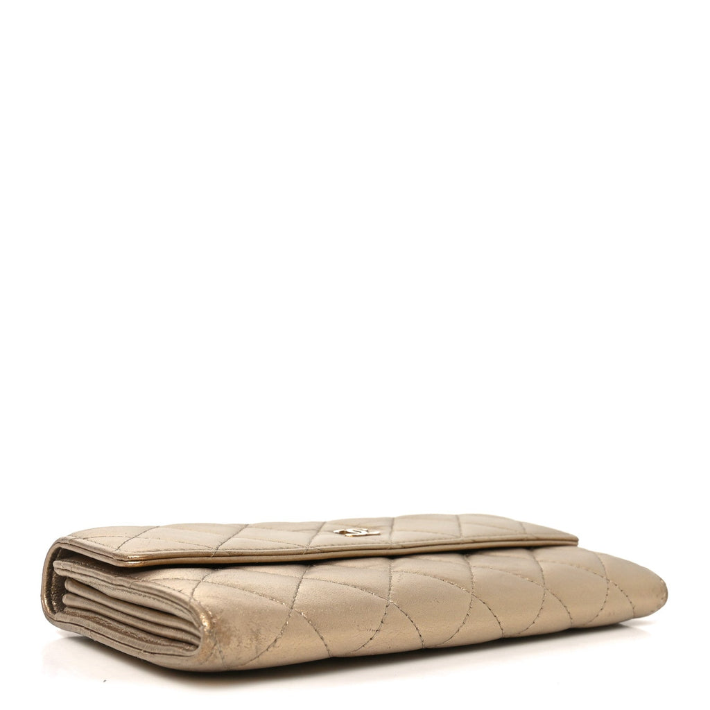 Metallic Lambskin Quilted Large Gusset Flap Wallet Gold