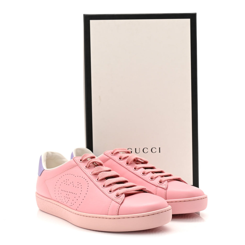 Gucci Miro Soft Calfskin Interlocking G Perforated Womens Ace Sneakers 36.5 Wild Rose Lapis
