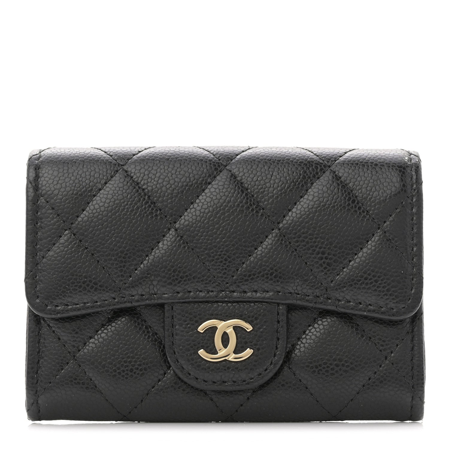 Caviar Quilted Flap Card Holder Wallet Black