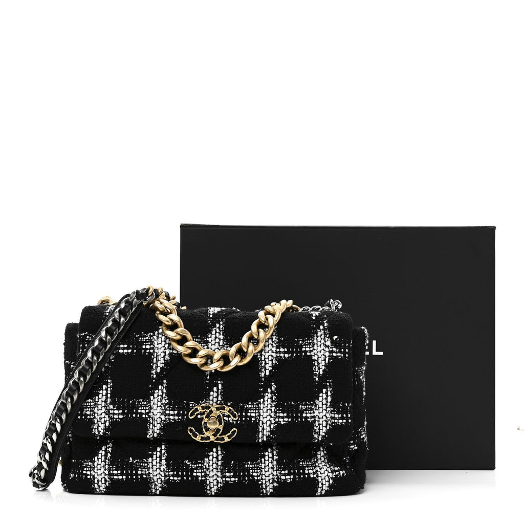 Chanel Tweed Quilted Large Chanel 19 Flap Black White