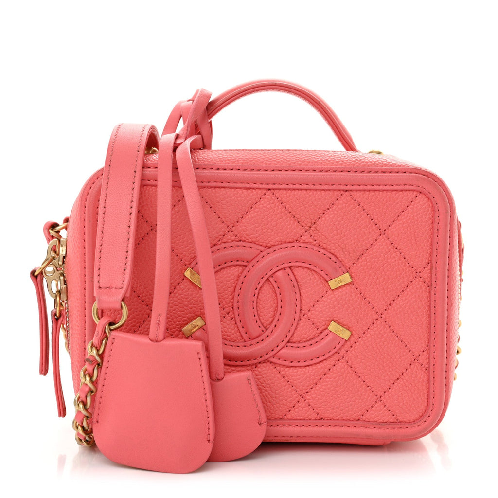 Chanel Caviar Quilted Small CC Filigree Vanity Case Coral