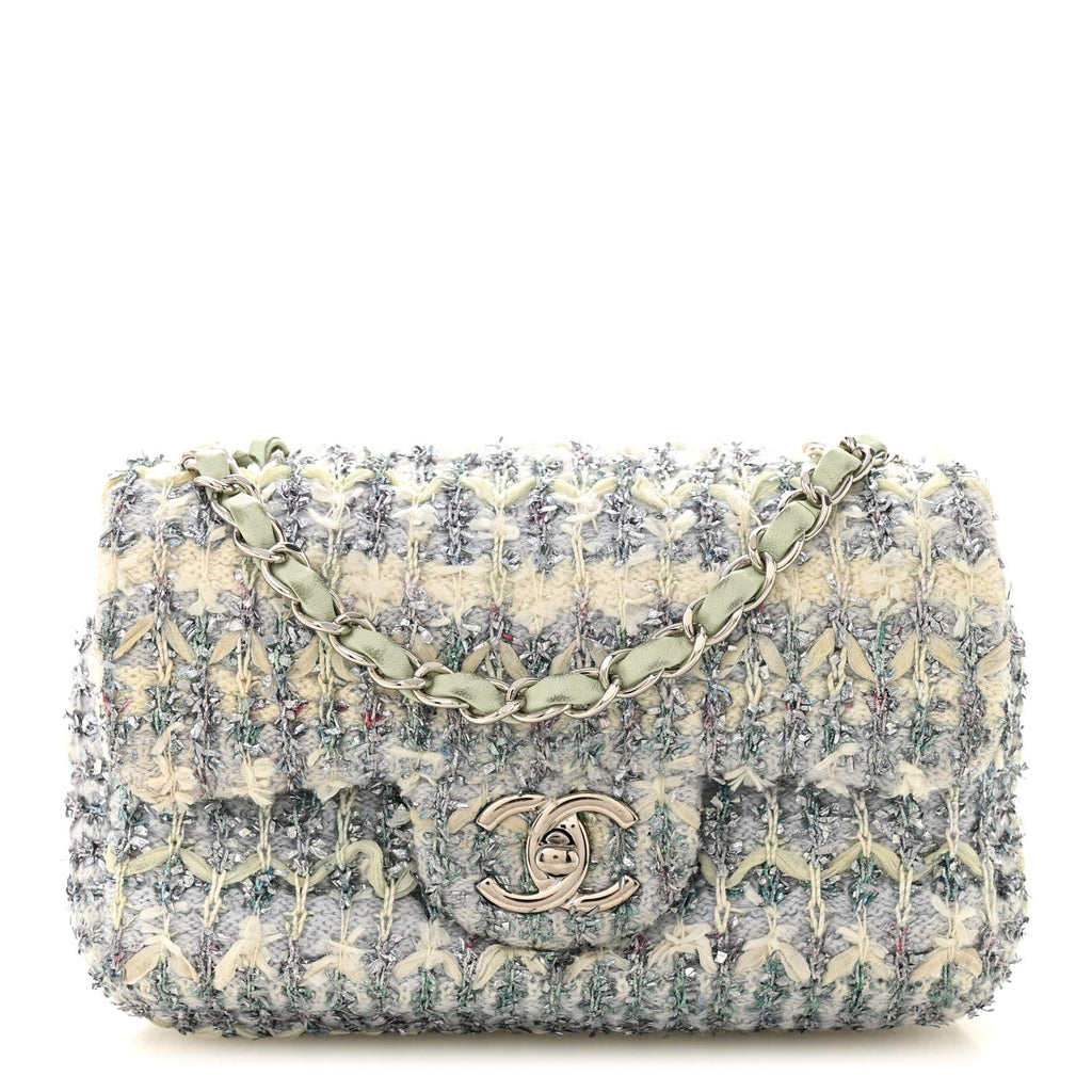 Chanel Tweed Quilted Mini Rectangular Flap Light Green Silver White