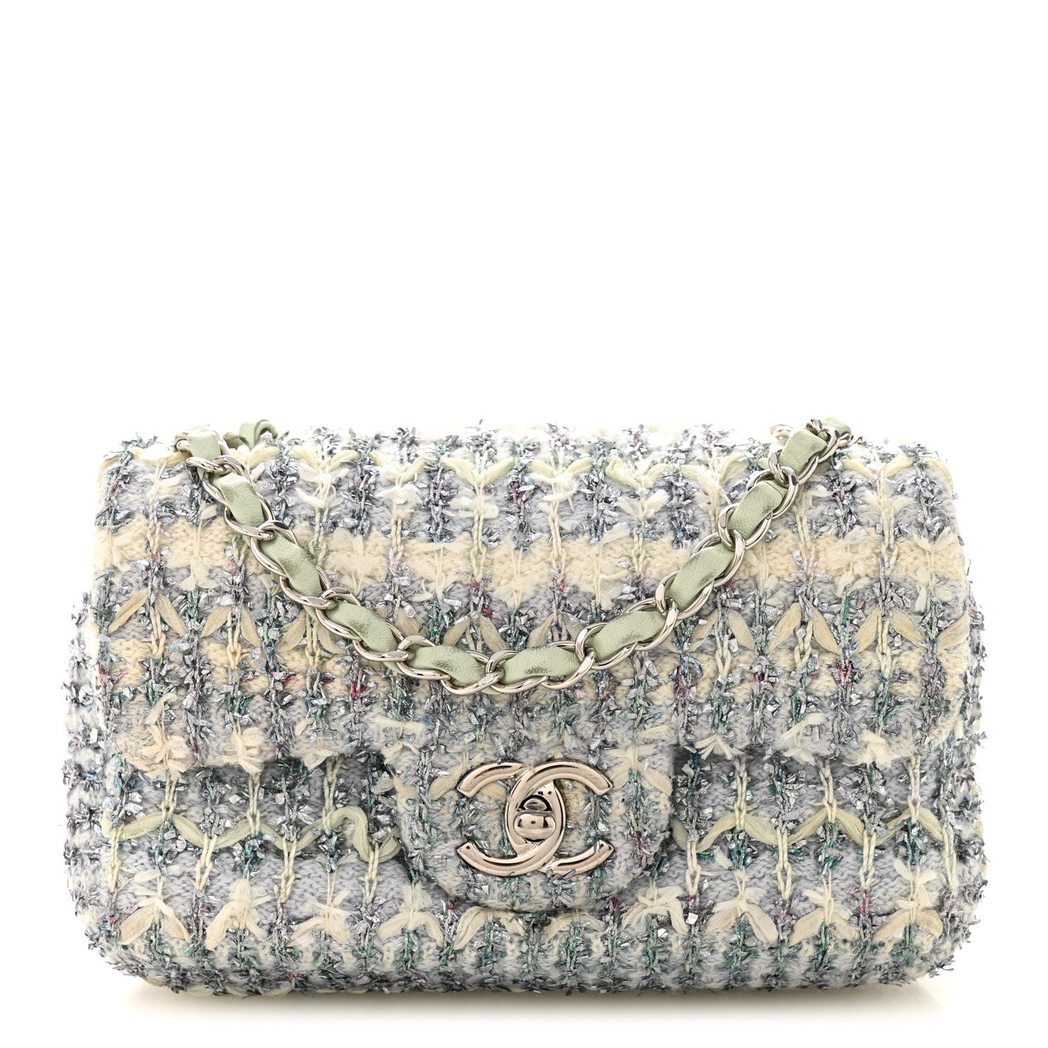 Chanel Tweed Quilted Mini Rectangular Flap Light Green Silver White