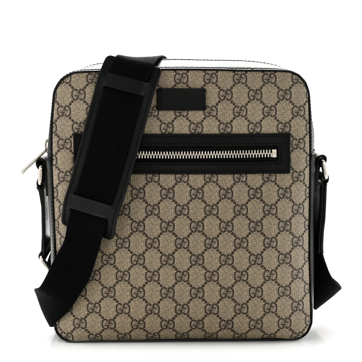 Gucci GG Supreme Monogram Flat Messenger Bag Beige Black New Acero