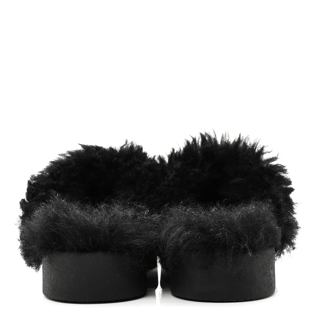 Chanel Suede Shearling CC Cap Toe Mules 36 Black