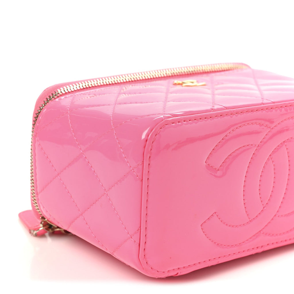 Chanel Patent Quilted Pearl Crush Small Vanity Case With Chain Neon Pink