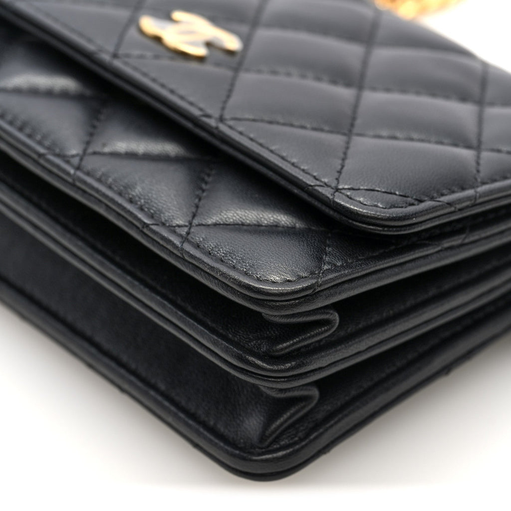 Chanel Lambskin Quilted CC Pearl Enamel Clutch on Chain WOC Black
