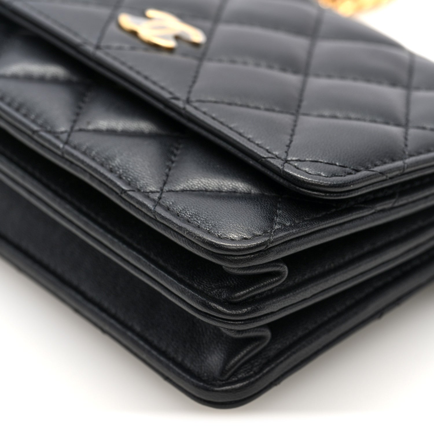 Chanel Lambskin Quilted CC Pearl Enamel Clutch on Chain WOC Black