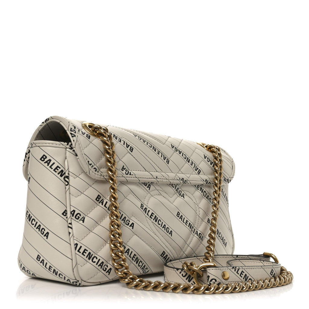 Gucci X BALENCIAGA Calfskin Matelasse Logo Print Small GG Marmont Shoulder Bag White