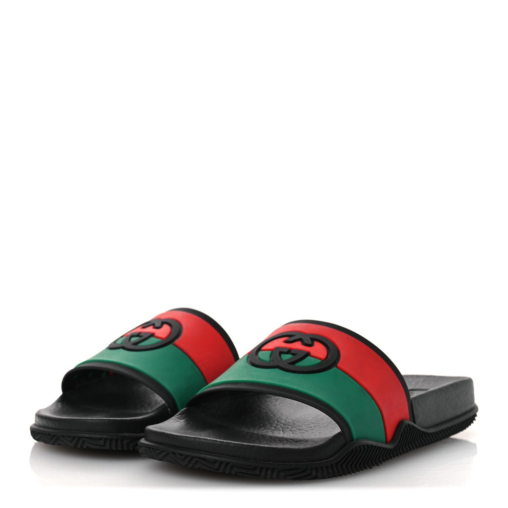 Gucci Rubber Web Womens Interlocking G Slide Sandals 33 Black Green Red