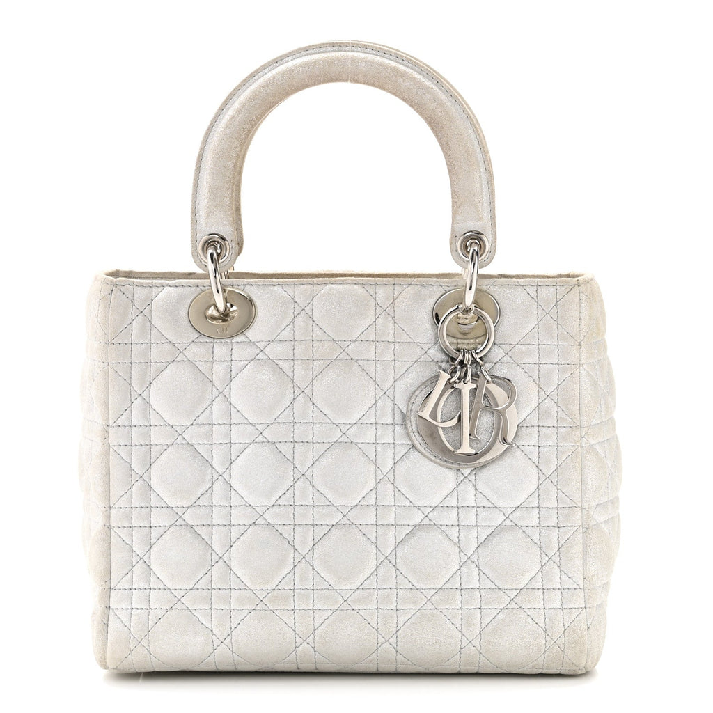 Christian Dior Metallic Nubuck Cannage Medium Lady Dior Silver