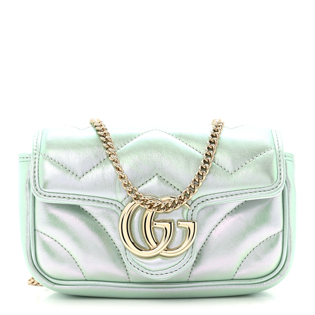 Gucci Iridescent Nappa Chevron Matelasse Super Mini GG Marmont Shoulder Bag Green Iridescent