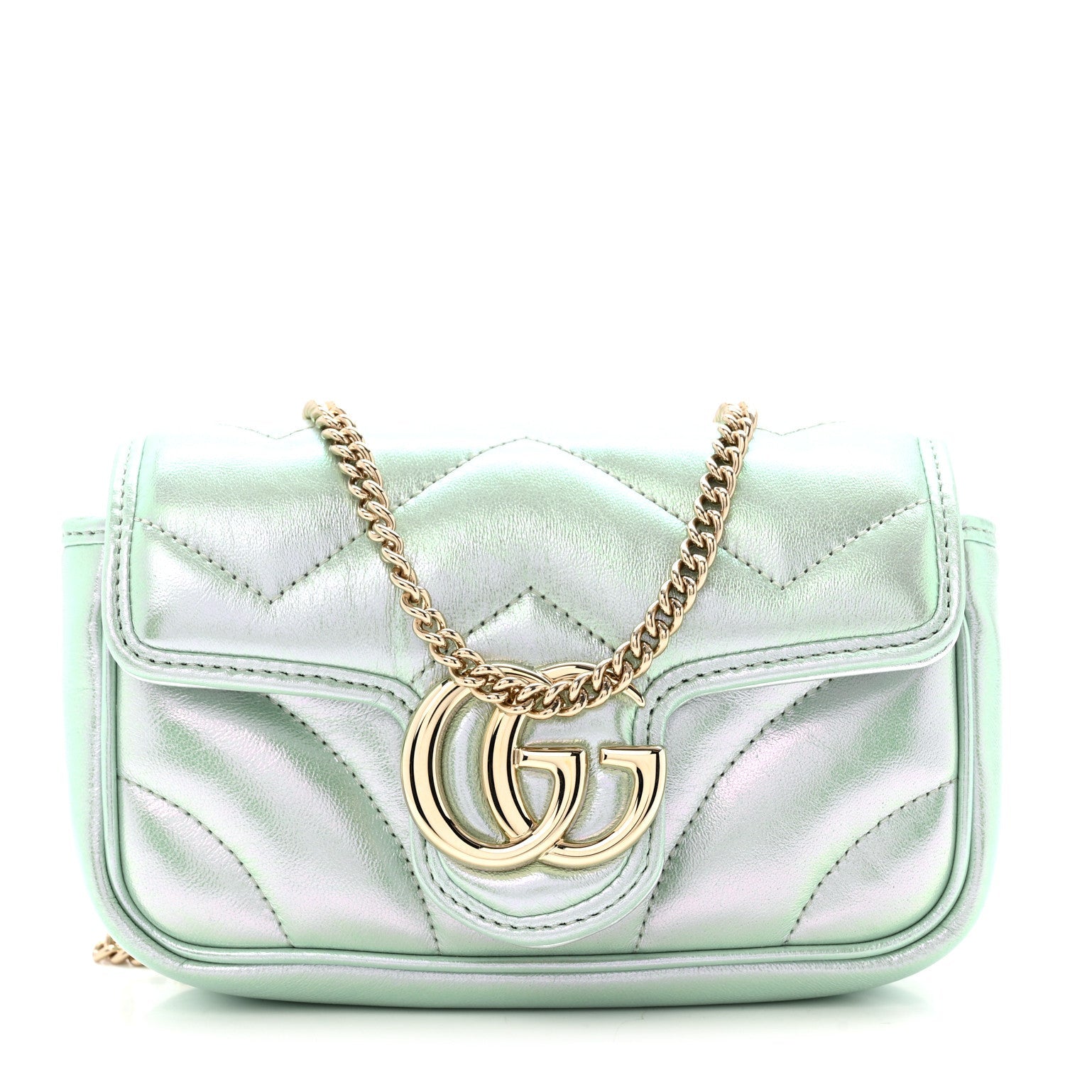 Gucci Iridescent Nappa Chevron Matelasse Super Mini GG Marmont Shoulder Bag Green Iridescent