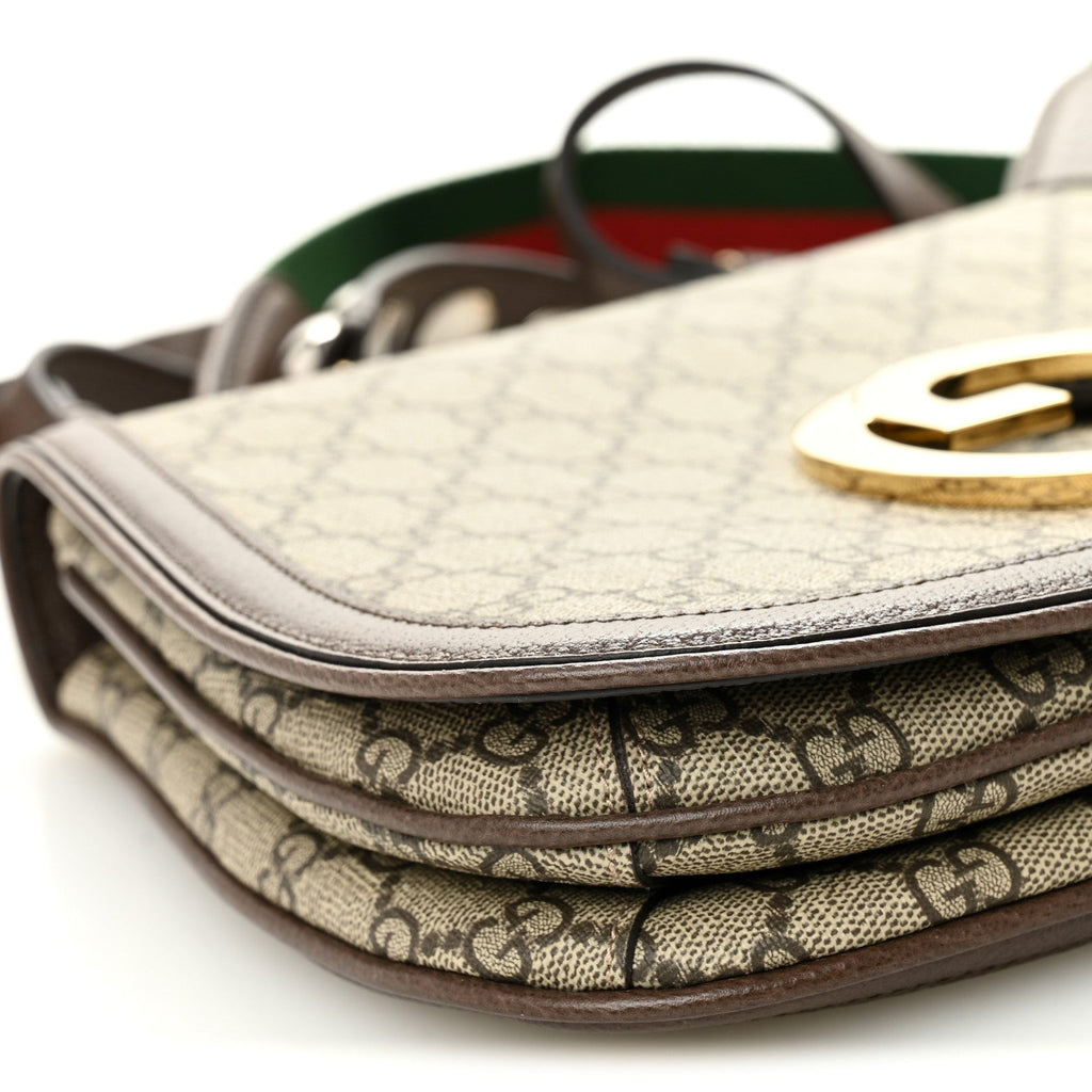 Gucci GG Supreme Monogram Textured Dollar Calfskin Web Medium Blondie Top Handle Shoulder Flap Bag Beige Ebony New Acero