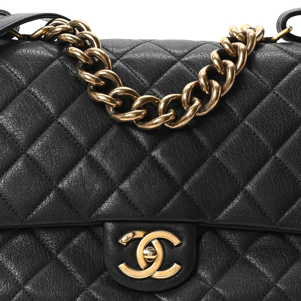 Chanel Shiny Sheepskin Quilted Large Trapezio Flap Black