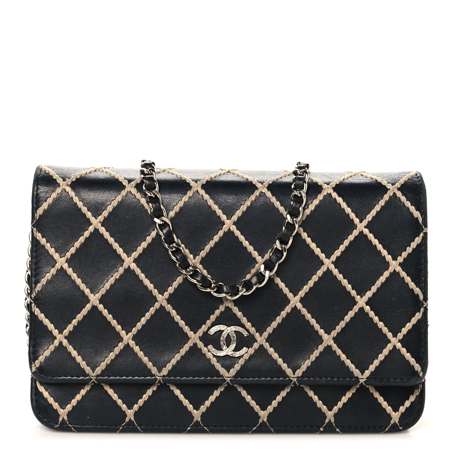Chanel Calfskin Diamond Stitch Wallet On Chain WOC Black