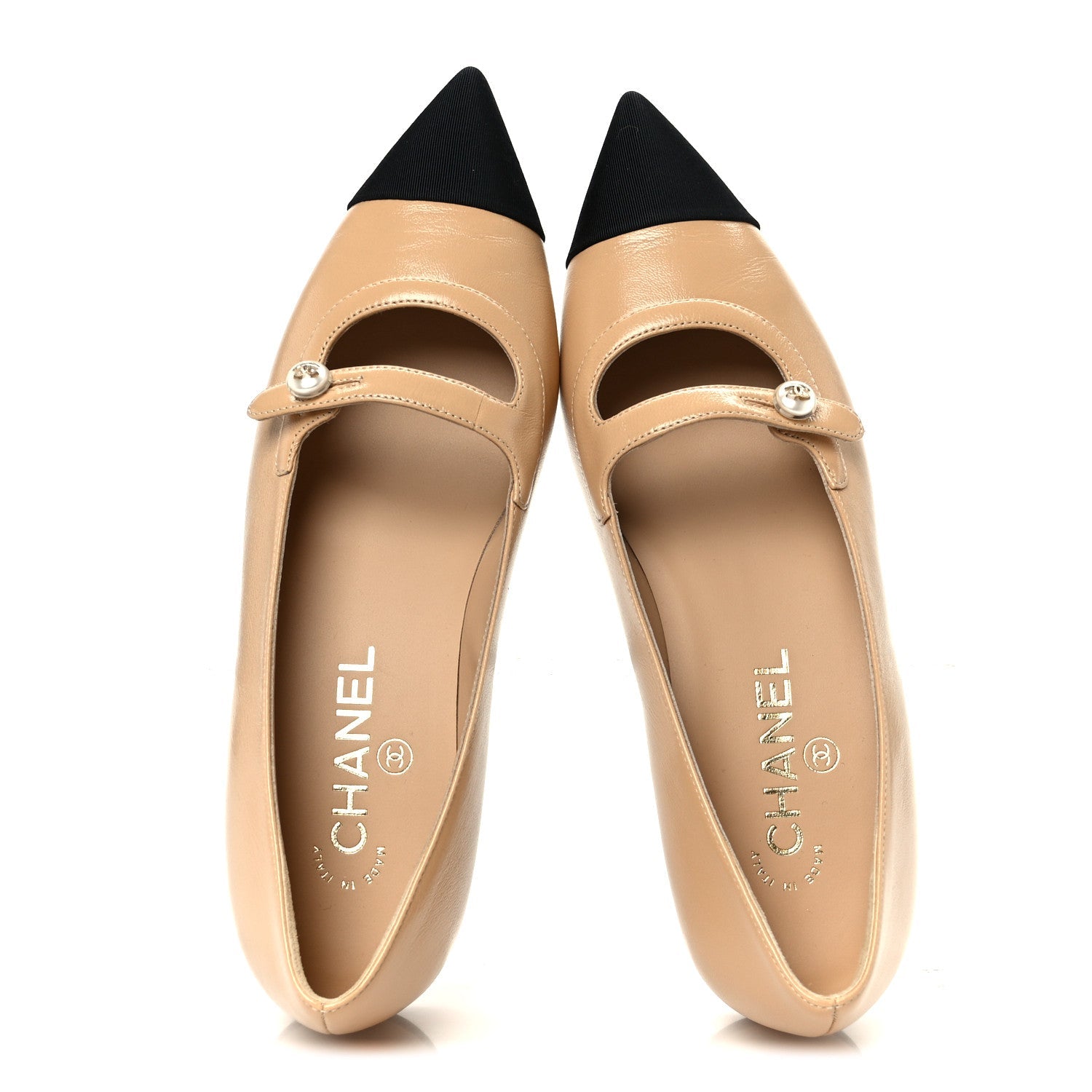 Chanel Shiny Lambskin Grosgrain Pointed Toe CC Ballet Flats 37.5 Beige Black