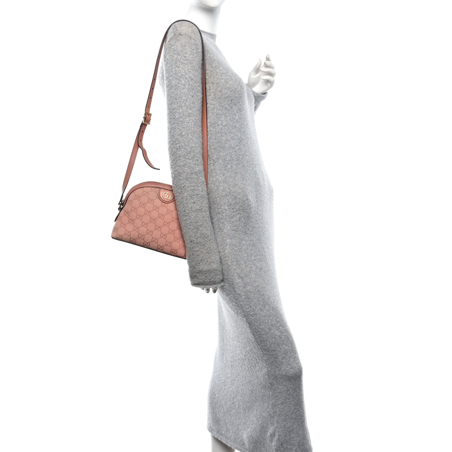Gucci Monogram Textured Dollar Calfskin Small Ophidia Dome Shoulder Bag Cloche Rose Pink