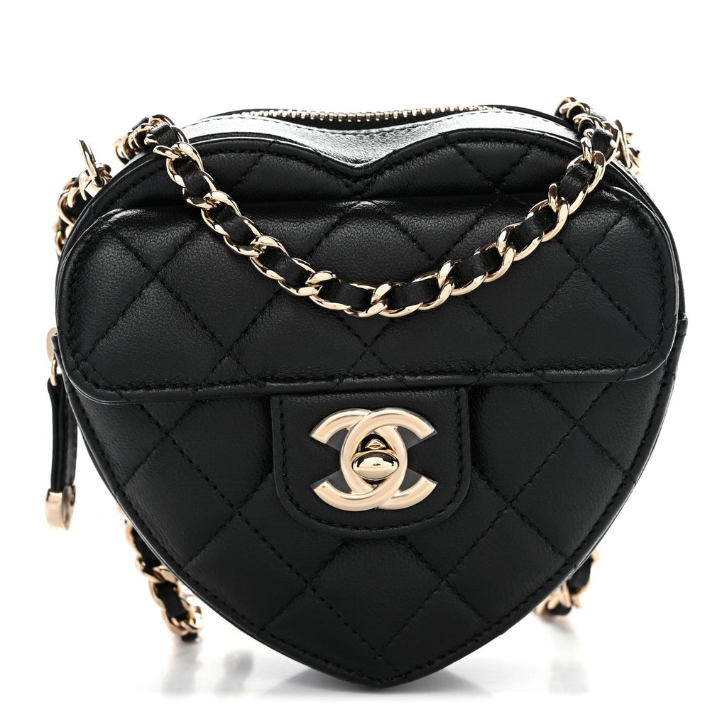 Chanel Lambskin Quilted CC In Love Heart Clutch With Chain Black