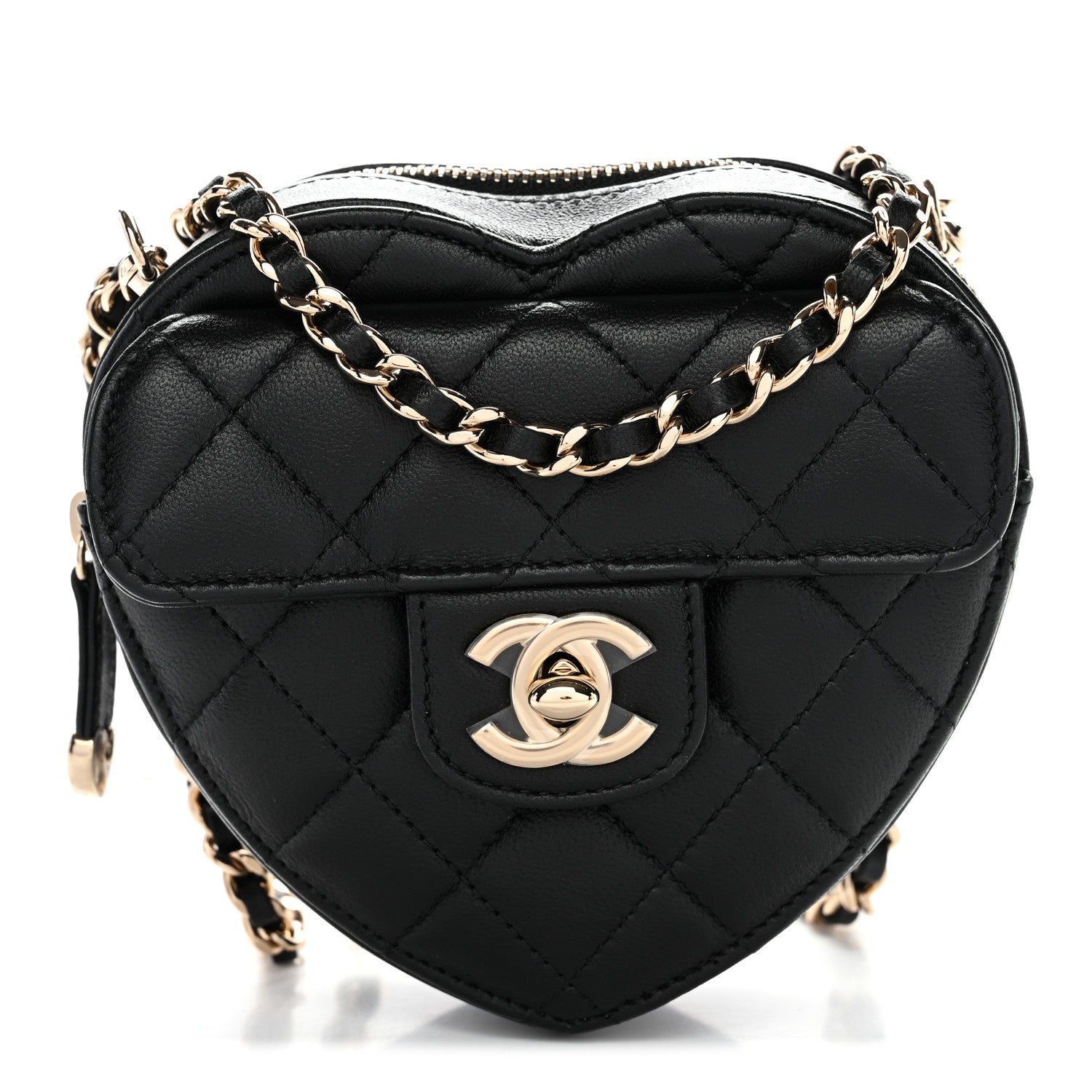 Chanel Lambskin Quilted CC In Love Heart Clutch With Chain Black