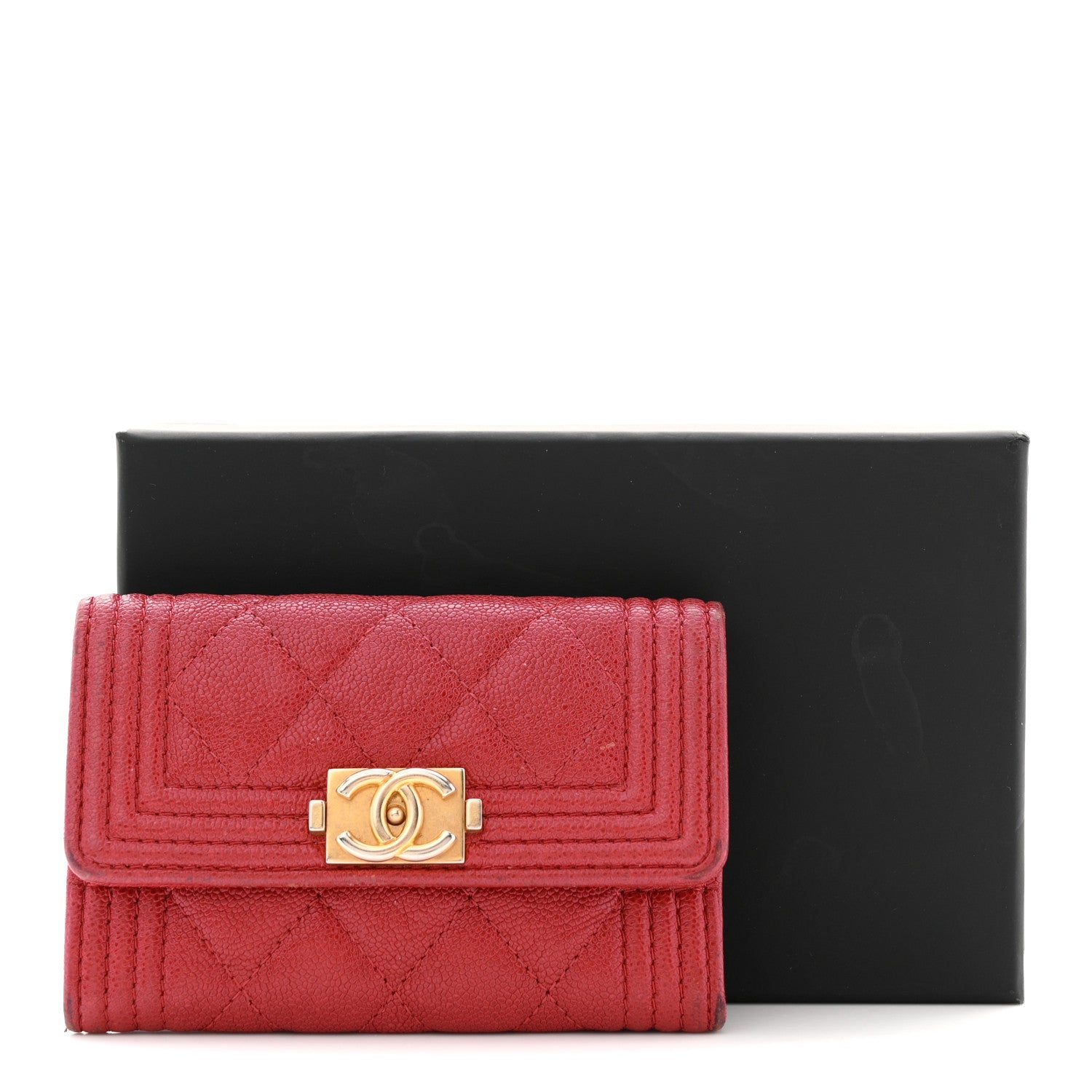 Caviar Quilted Boy Flap Card Holder Wallet Red