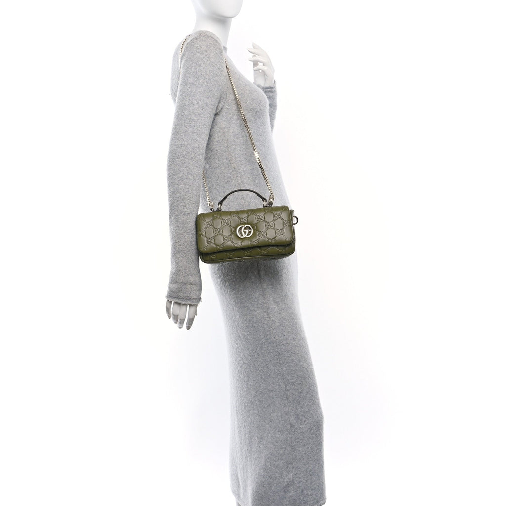 Gucci Lambskin Embossed Mini GG Milano Top Handle Shoulder Bag Green