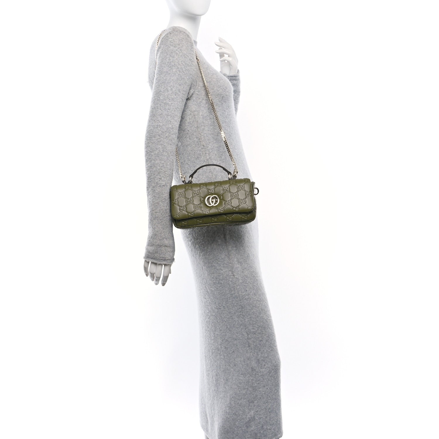 Gucci Lambskin Embossed Mini GG Milano Top Handle Shoulder Bag Green