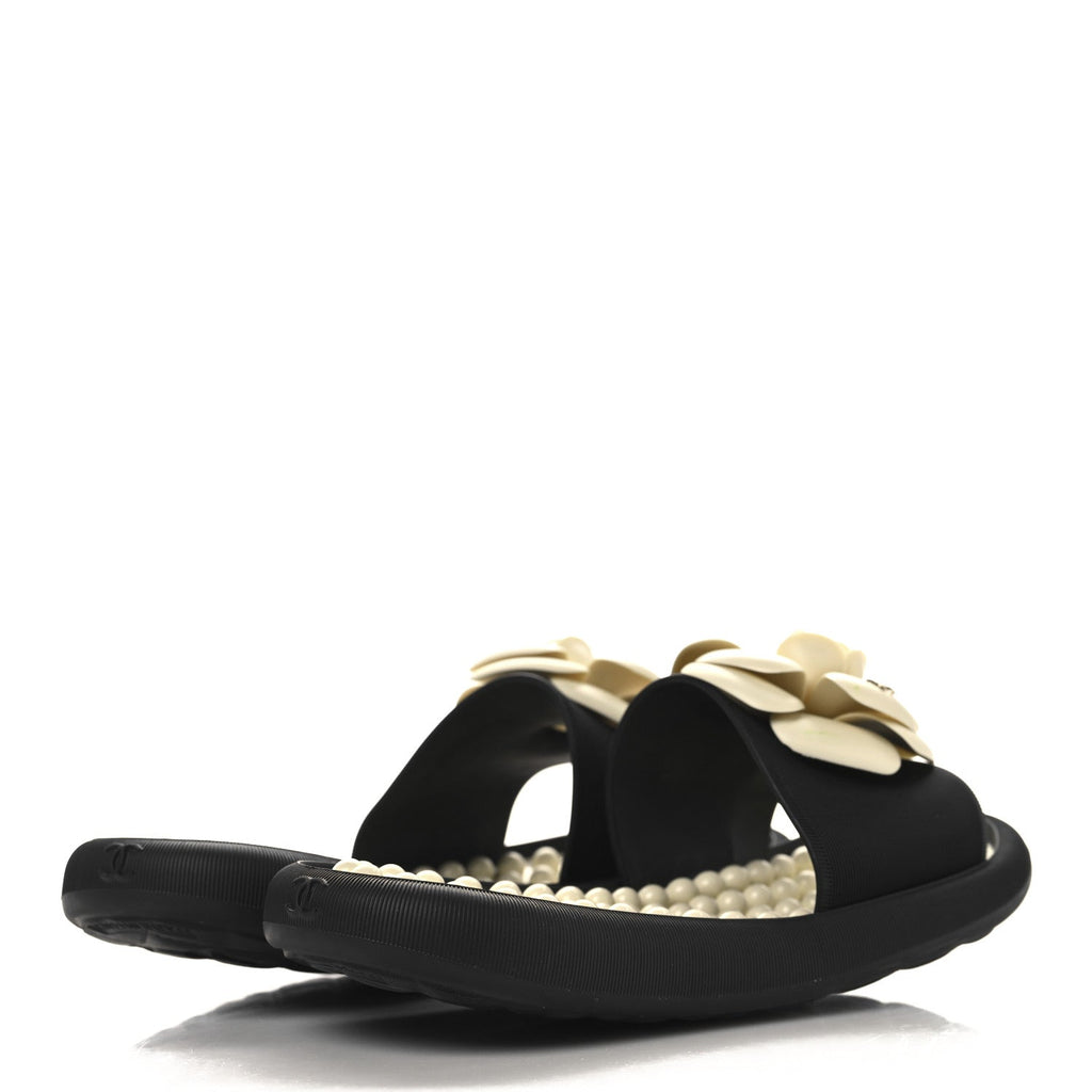 Chanel Thermoplastic PVC Camellia Mule Sandals 36 Black Ivory