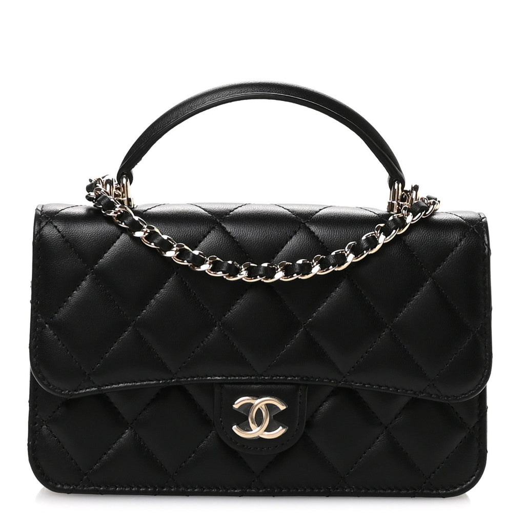 Chanel Lambskin Quilted Flap Phone Holder With Chain Black