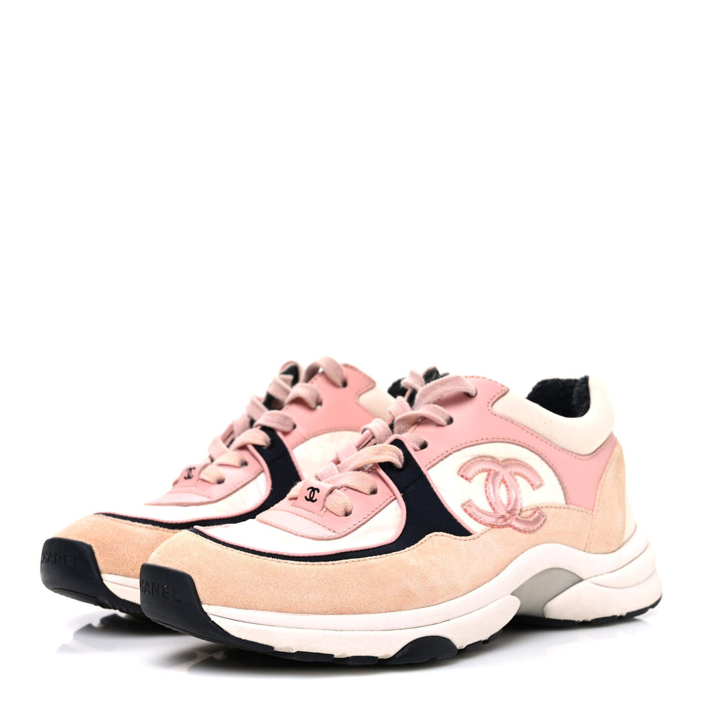Nylon Lambskin Suede Calfskin CC Sneakers 35 Pink White Black