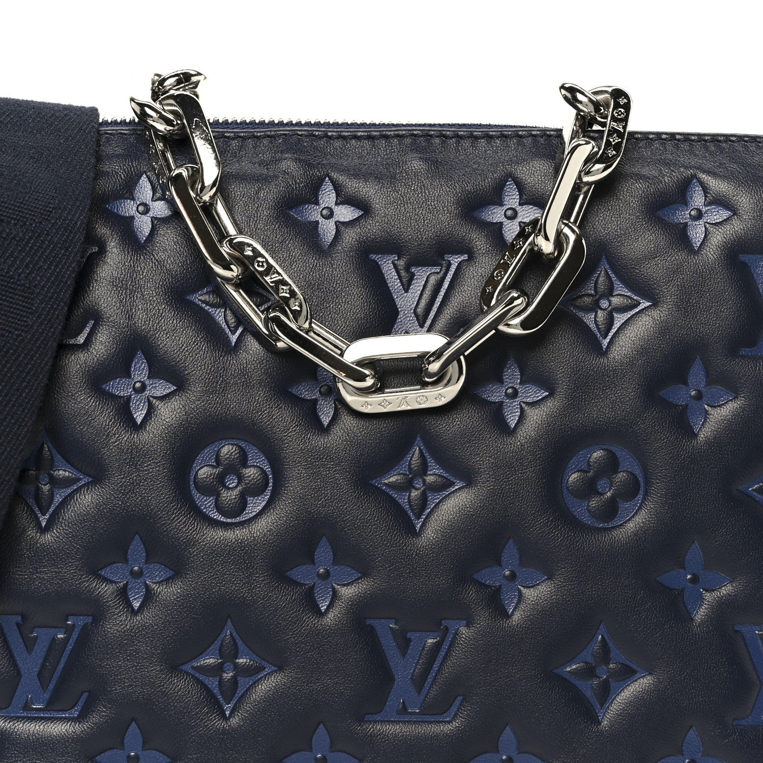 Louis Vuitton Lambskin Embossed Monogram Coussin PM Navy