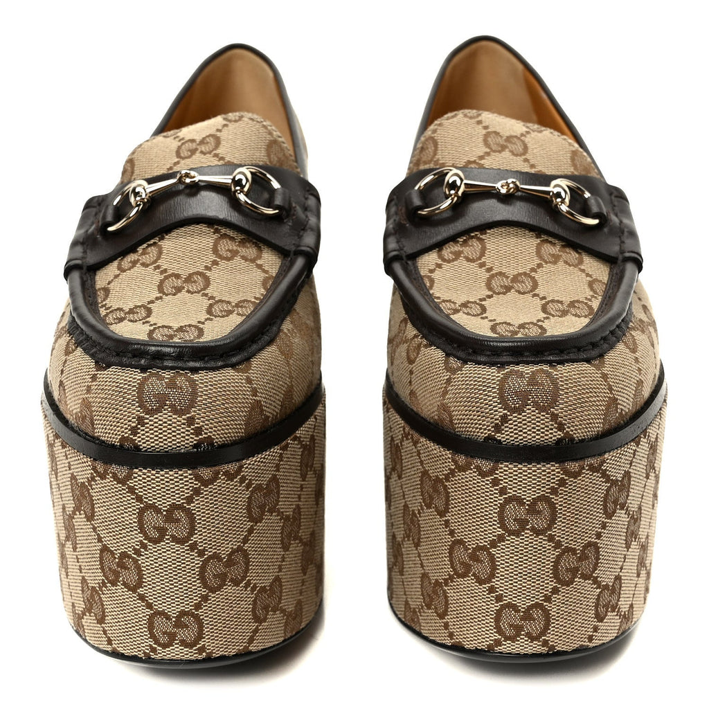 Gucci Canvas GG Monogram Horsebit Calfskin Womens Horsebit Platform Loafers 39.5 Beige Ebony Cocoa
