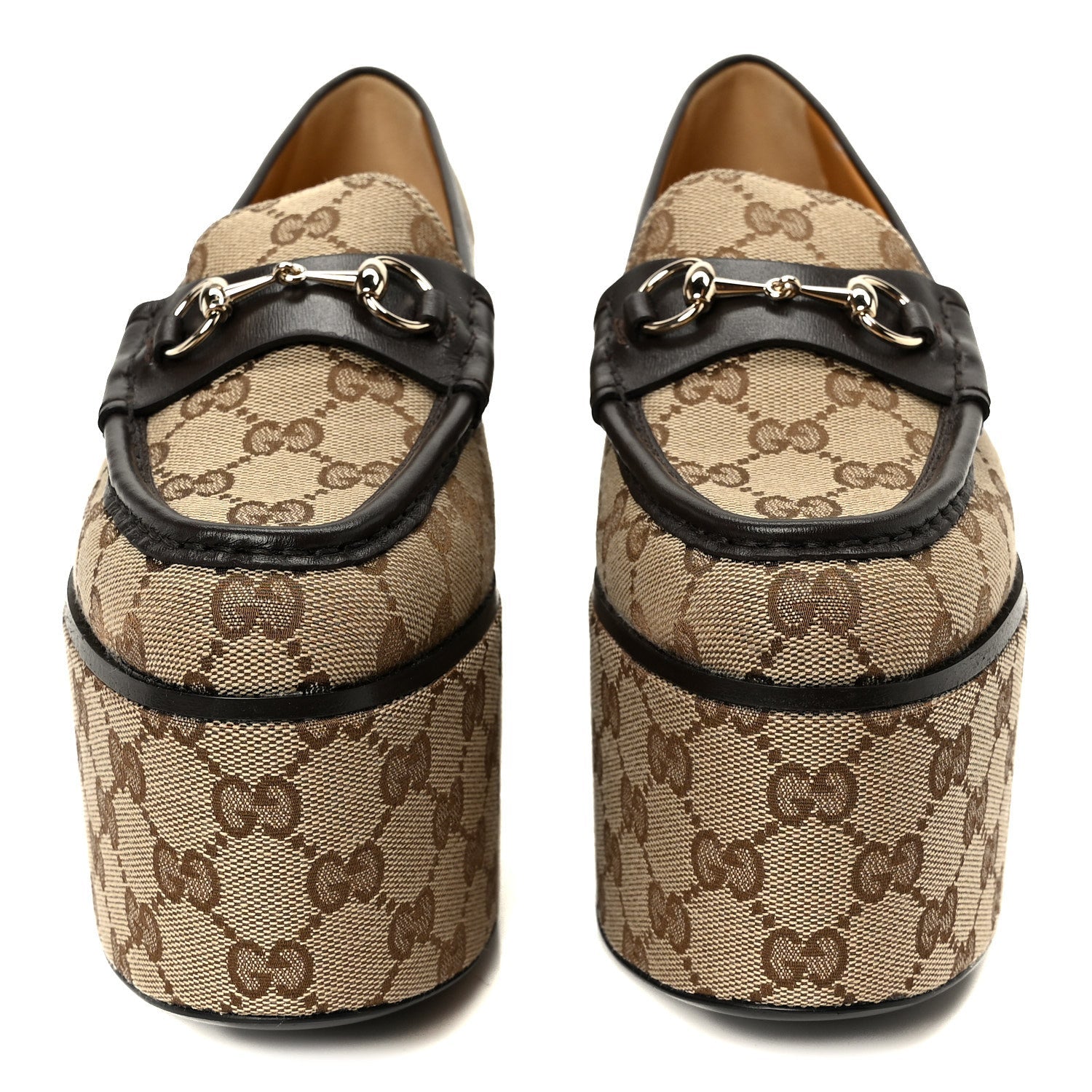 Gucci Canvas GG Monogram Horsebit Calfskin Womens Horsebit Platform Loafers 39.5 Beige Ebony Cocoa