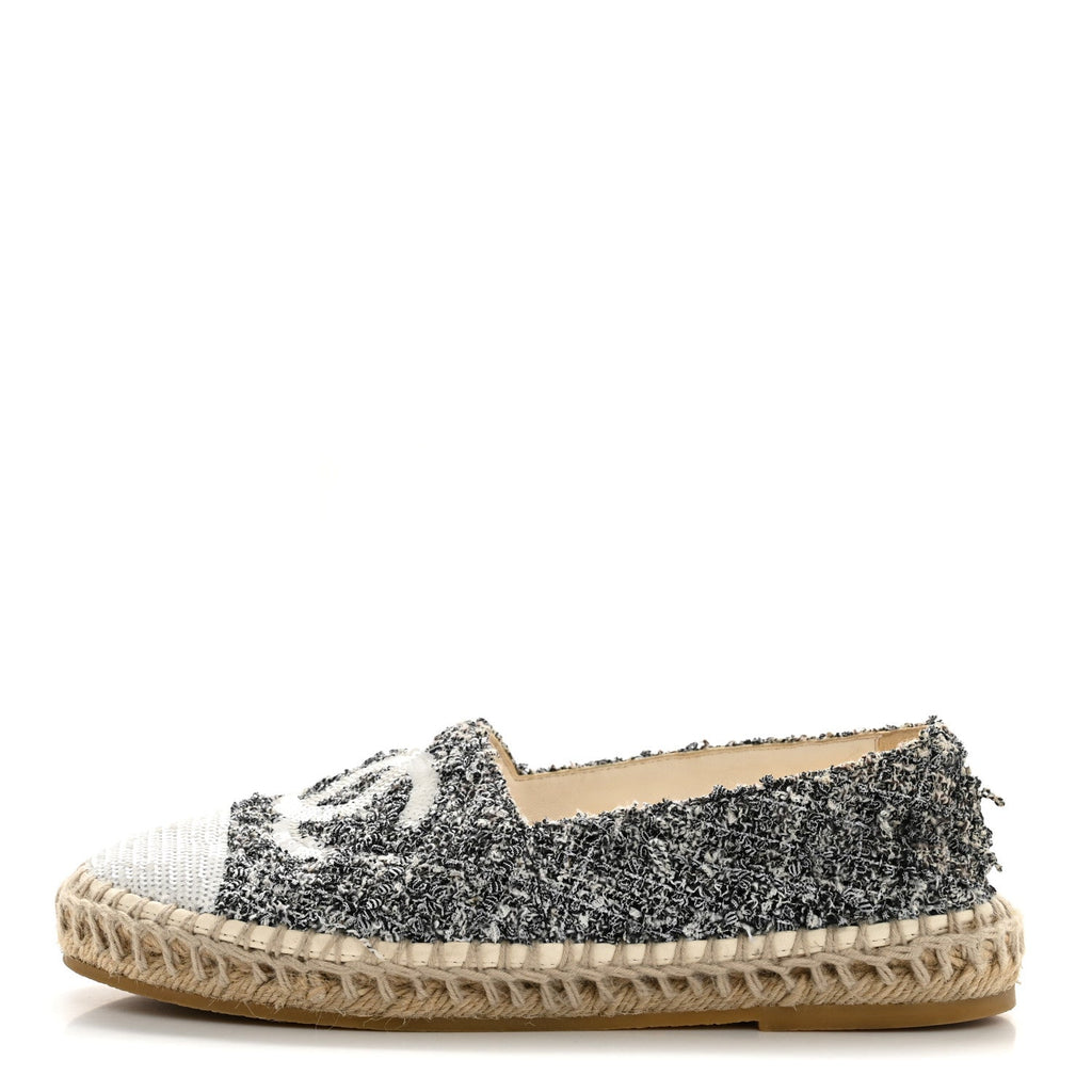 Chanel Tweed Sequin CC Espadrilles 37 Black White