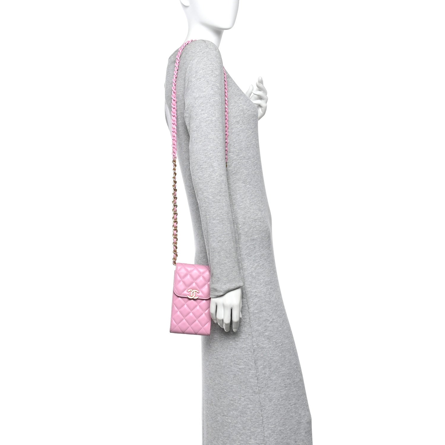 Chanel Lambskin Quilted Lacquered Chain Phone Holder With Chain Dark Pink
