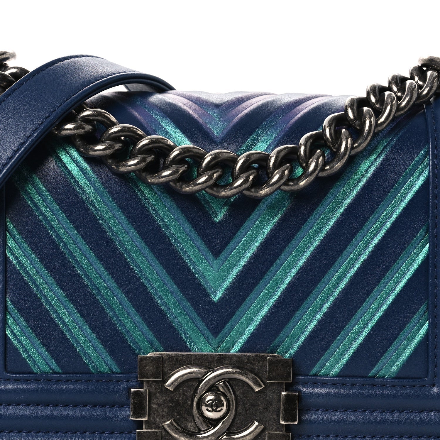 Calfskin Painted Chevron Embossed Small Boy Flap Dark Blue