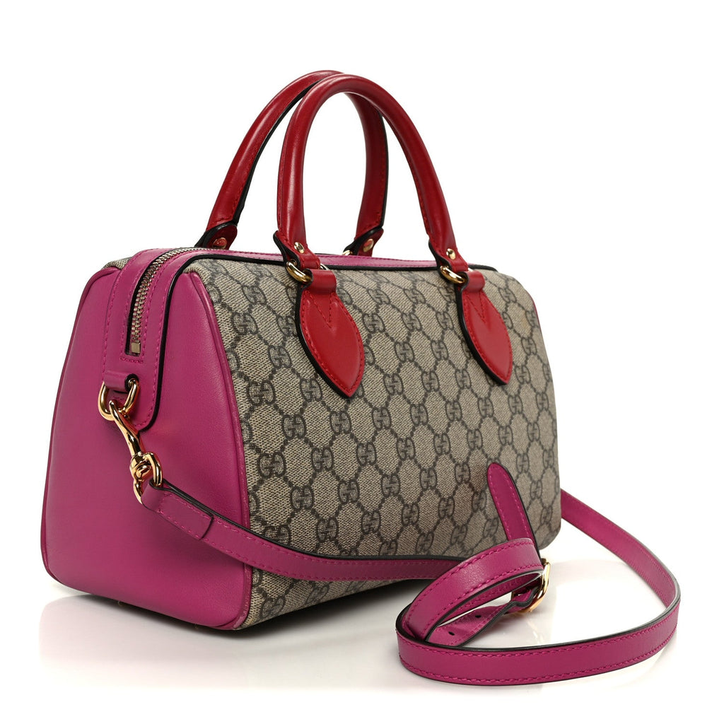 Gucci GG Supreme Monogram Moon Calfskin Small Boston Beige Ebony Hibiscus Red New Rosette