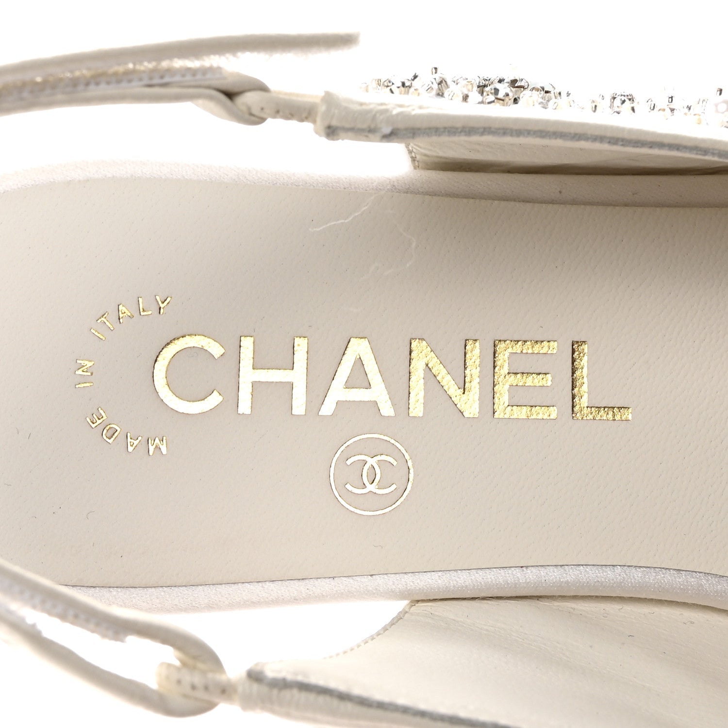 Satin Crystal Lambskin Grosgrain Bow CC Slingback Flats 38.5 White Black