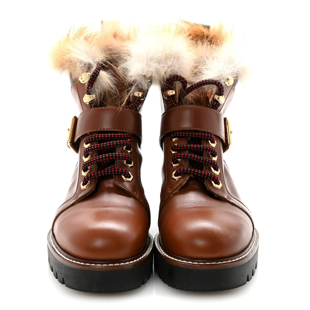 Louis Vuitton Calfskin Fur Territory Flat Ranger Combat Boots 37 Cognac