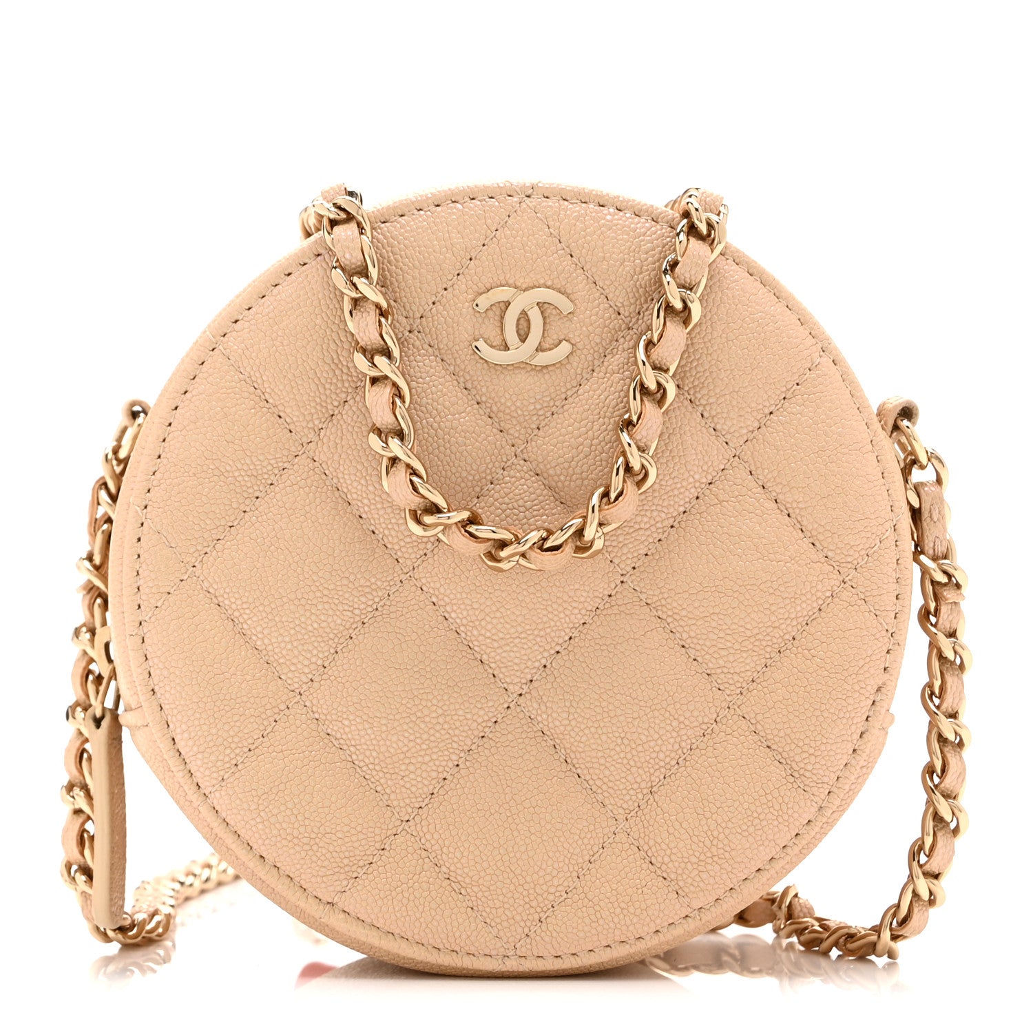 Chanel Iridescent Caviar Quilted Round Clutch With Chain Beige