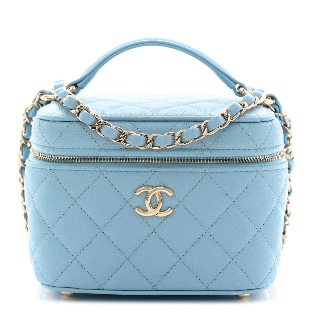 Chanel Caviar Quilted Top Handle Vanity Case With Chain Blue